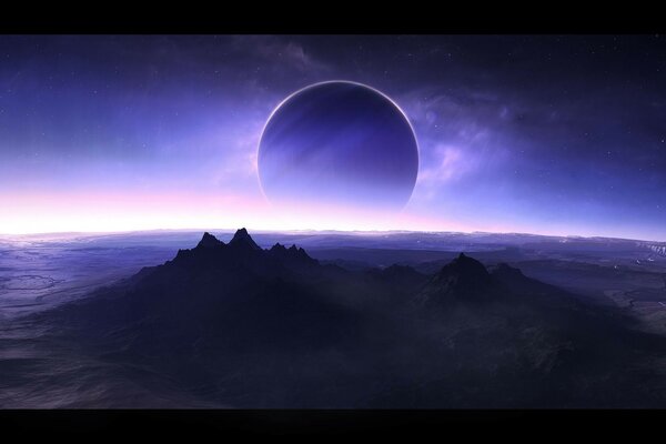 Planeta roxo desce no horizonte