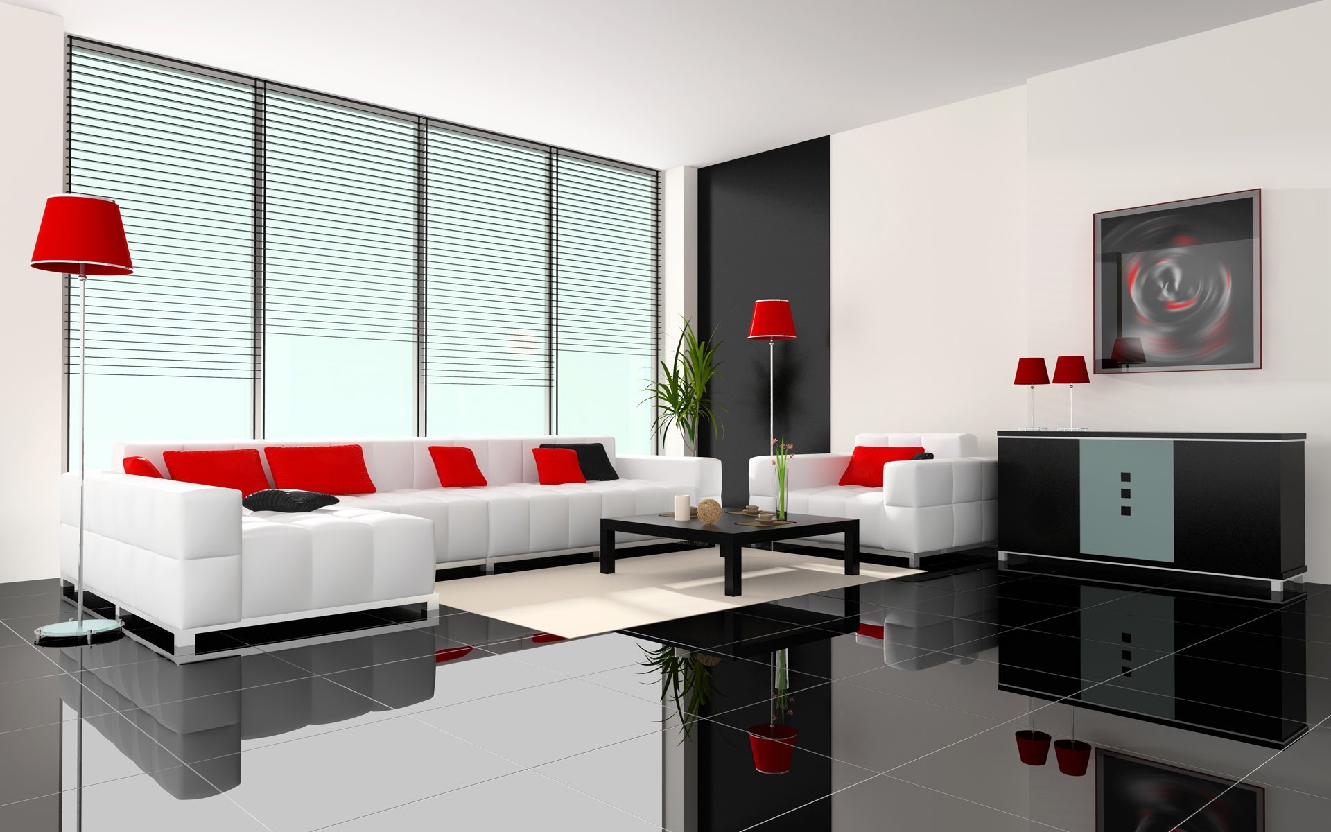 quarto moderno móveis interior design de interiores família minimalista sofá dentro assento apartamento janela chão lâmpada mesa cadeira luxo conforto mansão casa vida vermelho preto