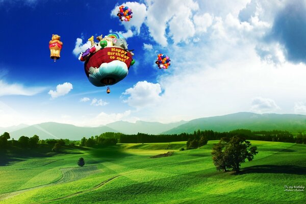 Grandes bolas voando sobre um campo verde