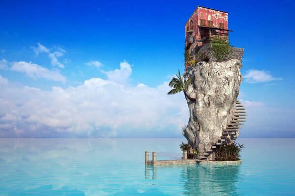 Casa em um penhasco no meio do mar