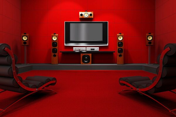 Home theater em tons de vermelho
