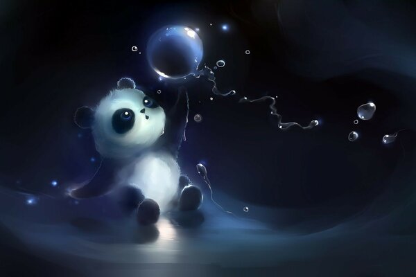Urso panda brincando com bolhas de sabão brilhantes