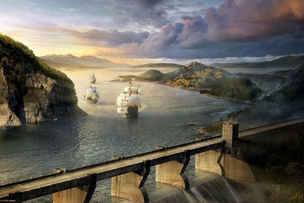 Vista do rio com ponte e navios