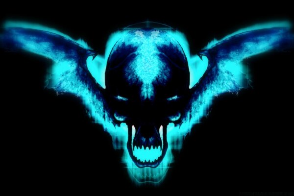 Arte em forma de raio-X de crânio com asas de morcego