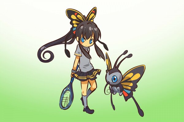 Menina joga tênis com uma borboleta
