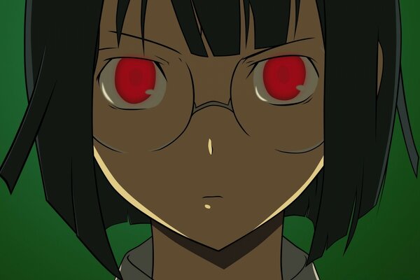 Desenho de uma menina anime com grandes olhos vermelhos em um fundo verde