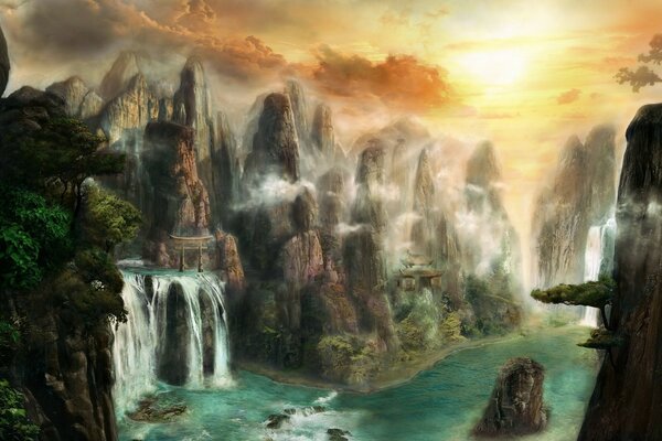 Natureza da selva com cachoeiras e vegetação densa