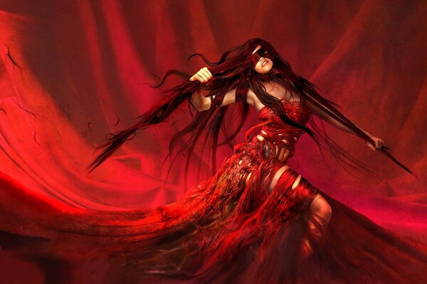 Menina em vestido vermelho com cabelos longos