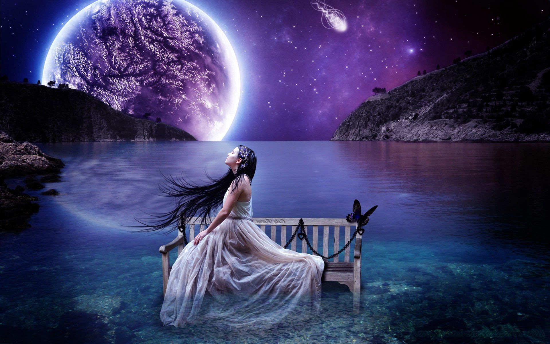fantasia lua água astronomia luz céu planetas viagens sol galáxia oceano mistério astrologia noite escuro