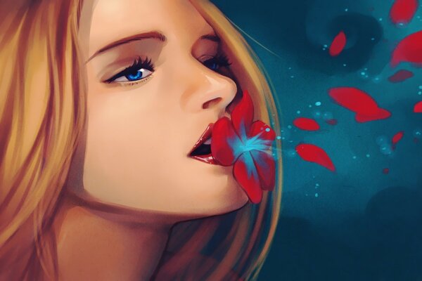 Figura menina lábios segurando uma flor escarlate em um fundo azul escuro