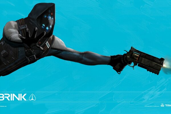 Bioshoc homem com uma arma em um fundo azul