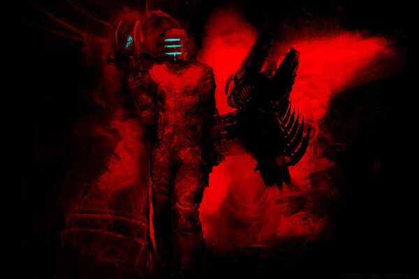 Robô em fundo vermelho com luz de fundo na máscara