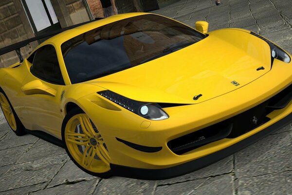 Carro amarelo brilhante com vidros fumados perto de um edifício de tijolos