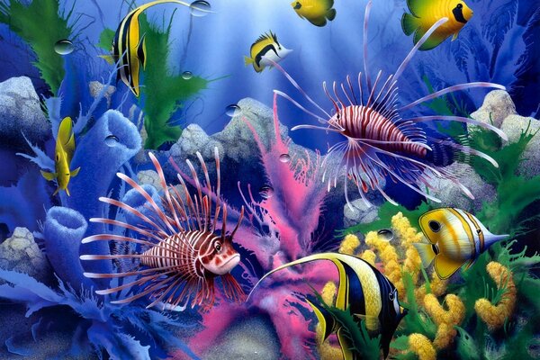 Peixes brilhantes nadando em corais
