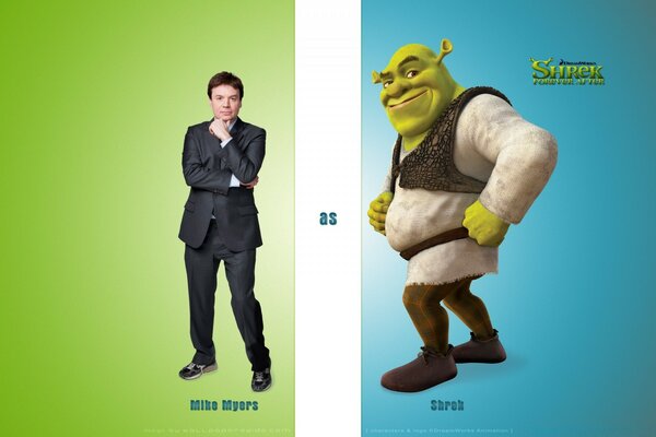 O ator é retratado ao lado de seu personagem de desenho animado - Shrek