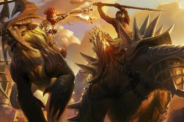 Guerreiros de fantasia em animais enormes