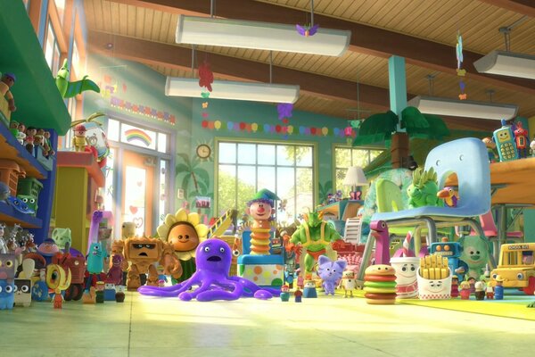 Toy story 3 com brinquedos diferentes na sala