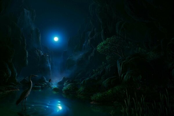 Rio noturno sob a lua