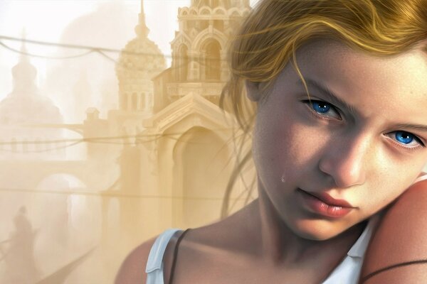 Menina com olhos azuis no fundo dos edifícios