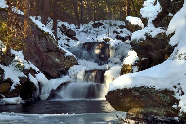 Bela cachoeira na floresta de Inverno