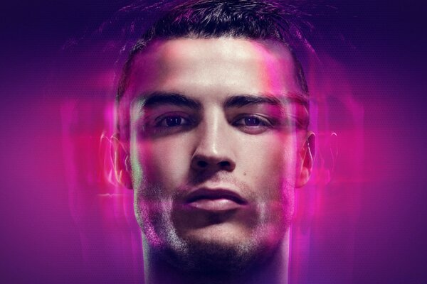 Rosto de Cristiano Ronaldo em fundo lilás