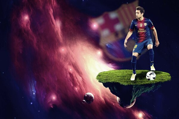 Jogador de futebol com a bola no universo, futebol espacial