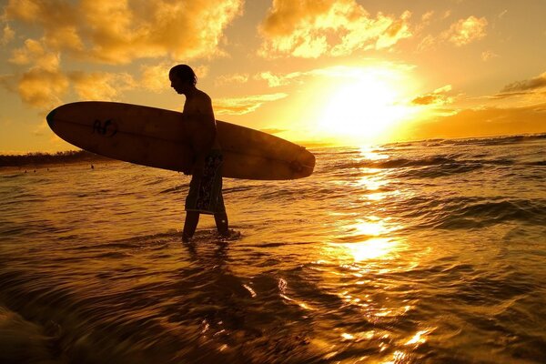 Surfista com prancha sai do oceano em meio ao pôr do sol