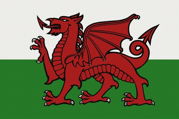 Bandeira branca e verde com dragão vermelho, brasão de armas